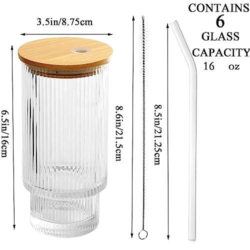 LMHEJING 6 Pcs 16oz Ribbed Glassware with Lid and Straw, Ribbed Glass Cups, Stackable Glasses, Vintage Water Glasses for Juice, Beer, Coffee, Tea and Cocktail (Clear (6Pcs 16oz)) (AB-1)