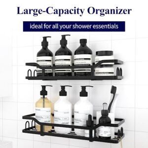 Kitsure Adhesive Shower Caddy - 2 Pack, No Drilling Shower Organizer with 8 Hooks, Rustproof Stainless Steel Shower Shelf for Inside Shower, Wall Mounted Shower Rack for Bathroom, Kitchen, Sliver