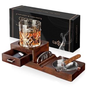 grovind cigar ashtrays, whiskey glass tray and wooden ash tray detachable outdoor ashtray for cigarettes, cigar accessories gift set with cigar cutter, great decor for home office cigar gifts for men