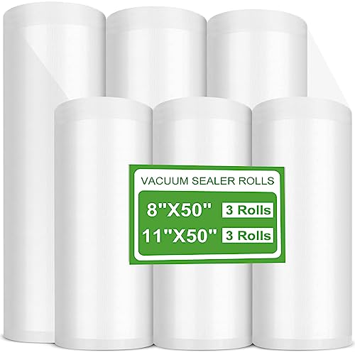 Patelai 6 Pack Clear Vacuum Sealer Bags 3 Rolls 11'' x 50'' and 3 Rolls 8'' x 50'' Sous Vide Meal Prep Vacuum Sealer Bags Rolls Puncture Prevention Commercial Grade Seal Bags for Food Cooking Storage