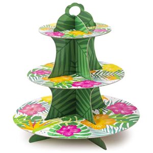 royal bluebonnet tropical cupcake stand, 3 tier cupcake stand, hawaiian cupcake stand for tropical party decorations, cardboard cupcake stand for birthday party, luau cupcake stand, cup cake stand