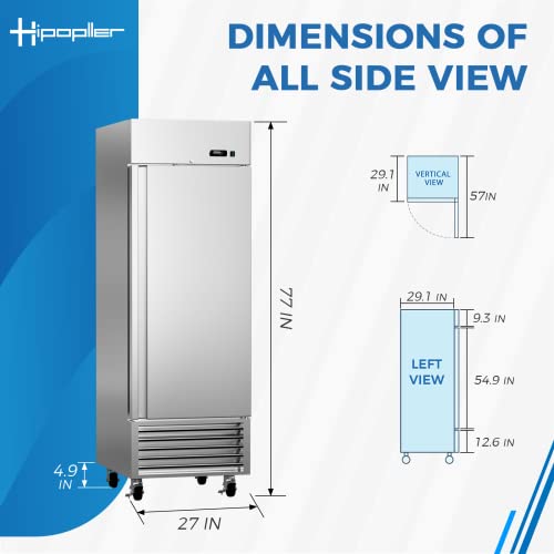 HIPOPLLER 27" W Commercial Stainless Steel Freezer, Single Door 25 cu. ft. Reach In Freezer with 4 Shelves and LED Light, 115v for Commercial Kitchen, Restuarant, Bar, Shop, etc