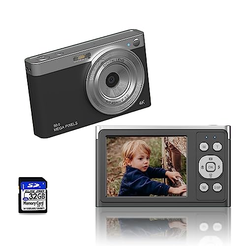 ordine Digital Camera, 4K Kids Camera with 32GB SD Card Autofocus, 50MP Compact Video Camera 16X Digital Zoom Vlogging Camera for Kids Students Teens (Black), (DC504K)