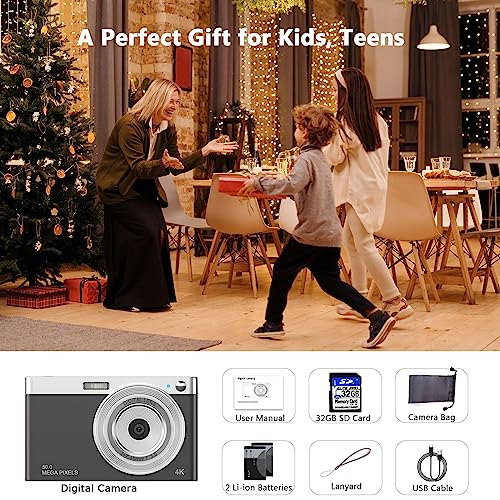 ordine Digital Camera, 4K Kids Camera with 32GB SD Card Autofocus, 50MP Compact Video Camera 16X Digital Zoom Vlogging Camera for Kids Students Teens (Black), (DC504K)