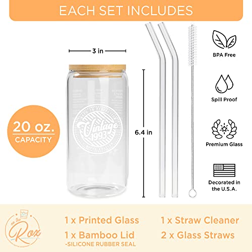 30th Birthday Gifts For Her - Vintage 1993 Soda Can Glass 20oz  w/ Bamboo Lid & Glass Straw Set - Aesthetic 30 Year Old Birthday Gift for Daughter, Sister, Wife - 30th Birthday Decorations for Women