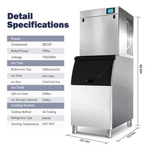 22" Commercial Ice Maker Machine 550LBS/24H with 350LBS Large Storage Bin, 990W SECOP Compressor, Air Cooled, Automatic Cleaning, Perfect for Restaurants, Bars, Cafes, Commercial Ice Machine