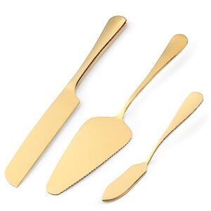 wedding cake knife and server set, little cook 3pcs cake cutting set for wedding, includes 9.25" cake knife, 9" cake server and 6.7" cake pie spatula, stainless steel cake cutter, gold