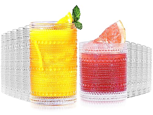 Vintage Hobnail Drinking Glasses Set of 12 - 14 oz Old Fashioned Water Glass Cups & 12 oz Cocktail Glasses, Aesthetic Kitchen Bar Tumbler Glassware Gifts Sets for Smoothie, Juice, Coffee, Soda, Wine