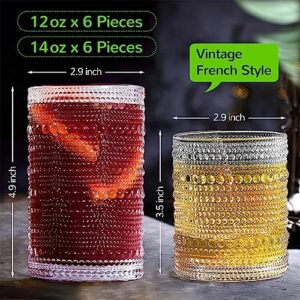 Vintage Hobnail Drinking Glasses Set of 12 - 14 oz Old Fashioned Water Glass Cups & 12 oz Cocktail Glasses, Aesthetic Kitchen Bar Tumbler Glassware Gifts Sets for Smoothie, Juice, Coffee, Soda, Wine