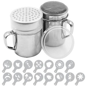powdered sugar shaker duster with handle, senhai 2pcs stainless steel powder shakers for sugar pepper cinnamon powder flour with printing molds stencils - fine & large mesh