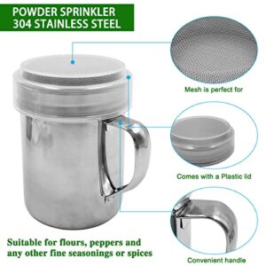 Powdered Sugar Shaker Duster with Handle, SENHAI 2pcs Stainless Steel Powder Shakers for Sugar Pepper Cinnamon Powder Flour with Printing Molds Stencils - Fine & Large Mesh