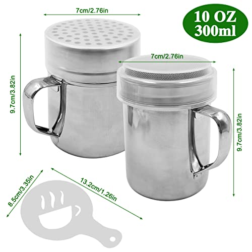 Powdered Sugar Shaker Duster with Handle, SENHAI 2pcs Stainless Steel Powder Shakers for Sugar Pepper Cinnamon Powder Flour with Printing Molds Stencils - Fine & Large Mesh