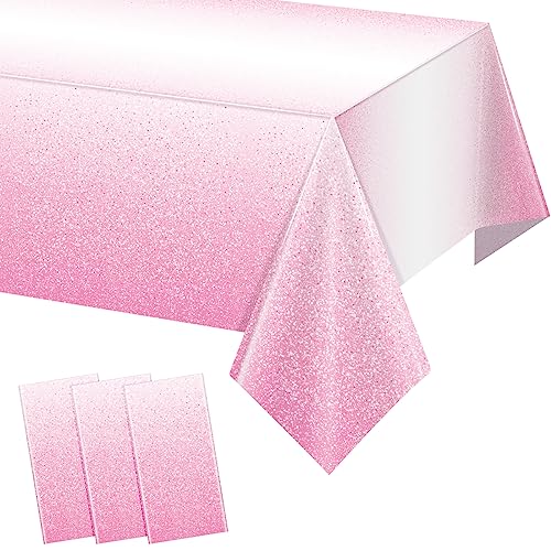 3 Pack Ombre Pink Plastic Tablecloth for Parties, Gradient Pastel Pink Glitter Disposable Tablecloths for Rectangle Tables, Light Pink Sprinkle Table Cover for Wedding Birthday Anniversary, 54x108Inch