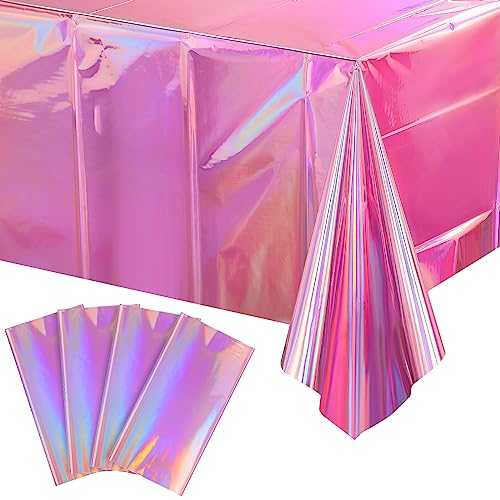 4 Pack Iridescent Pink Plastic Tablecloths, Shiny Disposable Laser Rectangle Table Covers, Holographic Foil Tablecloth Iridescent Party Decorations for Birthday Bridal Wedding Christmas, 54 x 108 Inch