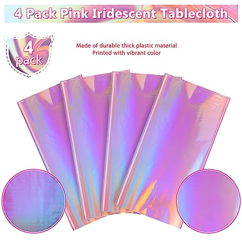 4 Pack Iridescent Pink Plastic Tablecloths, Shiny Disposable Laser Rectangle Table Covers, Holographic Foil Tablecloth Iridescent Party Decorations for Birthday Bridal Wedding Christmas, 54 x 108 Inch