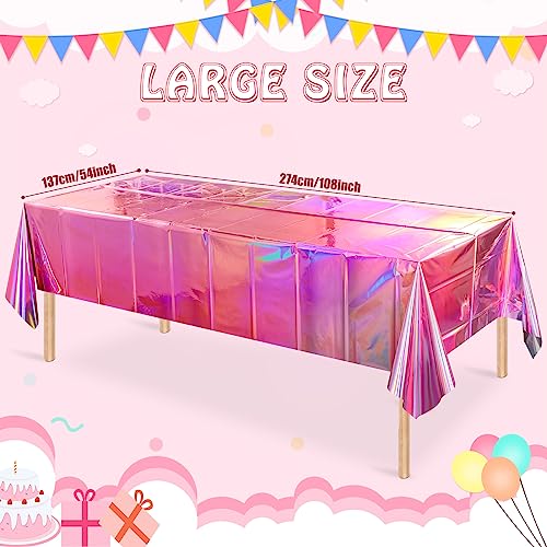 4 Pack Iridescent Pink Plastic Tablecloths, Shiny Disposable Laser Rectangle Table Covers, Holographic Foil Tablecloth Iridescent Party Decorations for Birthday Bridal Wedding Christmas, 54 x 108 Inch