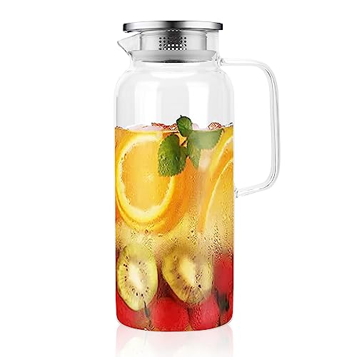 BOQO 2 L/ 68 oz Glass Pitcher with Lid, Glass Carafe for Hot/Cold Beverages,Glass Water Jug for Fridge,Iced Tea Pitcher, Large Clear Glass Water Pitcher for Cold Brew,Juice,Milk and Homemade Beverage