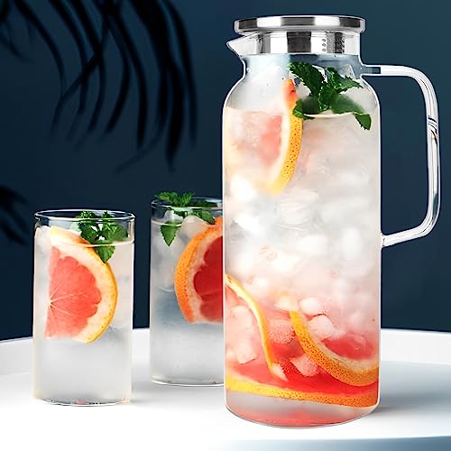 BOQO 2 L/ 68 oz Glass Pitcher with Lid, Glass Carafe for Hot/Cold Beverages,Glass Water Jug for Fridge,Iced Tea Pitcher, Large Clear Glass Water Pitcher for Cold Brew,Juice,Milk and Homemade Beverage