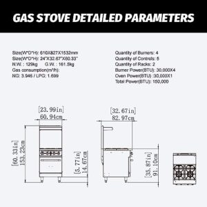 Hakka 24" Gas Range Stove with 4 Powerful Burners, 30,000X4 output for Commercial Kitchens