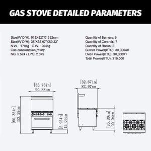 HAKKA 36" Gas Range Stove with 6 Powerful Burners, 30000X6 output for Commercial Kitchens