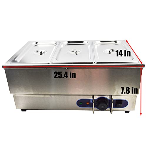 HQHAOTWU 3-Pan Electric Food Warmer Bain Marie Buffet Food Desktop Warmer Stainless Steel Soup Warmer Food Container Single-Row Pans for Catering Restaurant Canteen 13"×7"×6" Pan