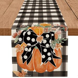 Fall Table Runner Bow Pumpkin Polka Dots Floral Autumn Thanksgiving Buffalo Plaid Seasonal Home Kitchen Dining Decorations 13 x 72 Inch