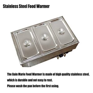 HQHAOTWU 3-Pan Electric Food Warmer Bain Marie Buffet Food Desktop Warmer Stainless Steel Soup Warmer Food Container Single-Row Pans for Catering Restaurant Canteen 13"×7"×6" Pan