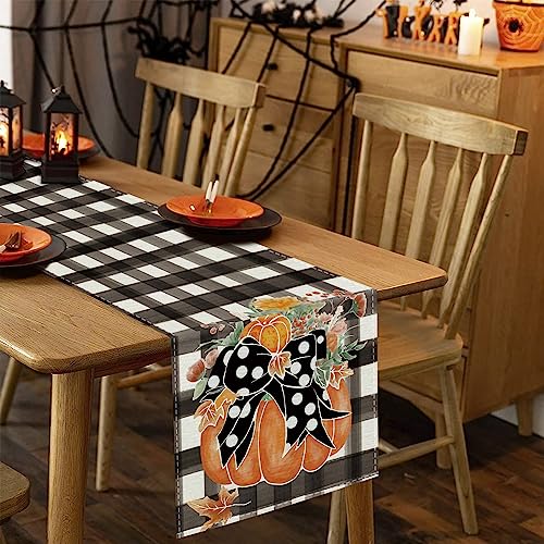 Fall Table Runner Bow Pumpkin Polka Dots Floral Autumn Thanksgiving Buffalo Plaid Seasonal Home Kitchen Dining Decorations 13 x 72 Inch