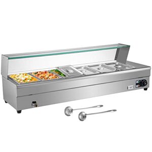 110v bain marie food warmer 42 quart, 6 pan x 1/3 gn commercial steam table with tempered glass shield