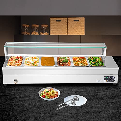 110V Bain Marie Food Warmer 42 Quart, 6 Pan x 1/3 GN Commercial Steam Table with Tempered Glass Shield