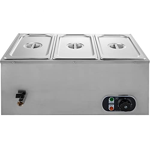 Commercial Food Warmer 110V, 3-Pan Electric Steam Table, Stainless Steel Buffet Bain Marie 16 Quart for Catering and Restaurants