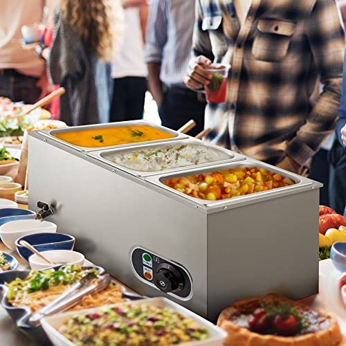 Commercial Food Warmer 110V, 3-Pan Electric Steam Table, Stainless Steel Buffet Bain Marie 16 Quart for Catering and Restaurants