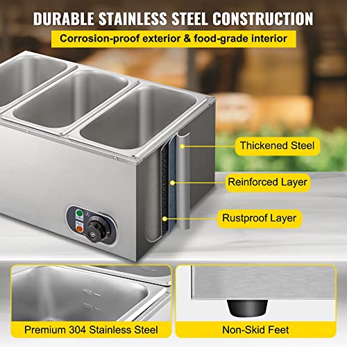 Commercial Food Warmer 110V, 3-Pan Electric Steam Table, Stainless Steel Buffet Bain Marie 16 Quart for Catering and Restaurants