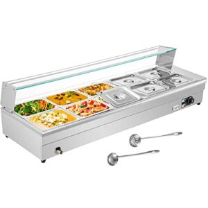 commercial food warmer bain marie with glass shield - 10 pan x 1/2 gn, 6-inch deep, 1500w electric countertop food warmer