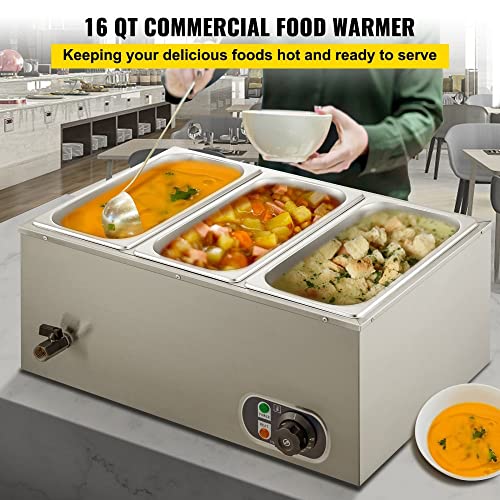 Commercial Food Warmer 110V, 3-Pan Electric Steam Table, Stainless Steel Buffet Bain Marie 16 Quart for Catering and Restaurants