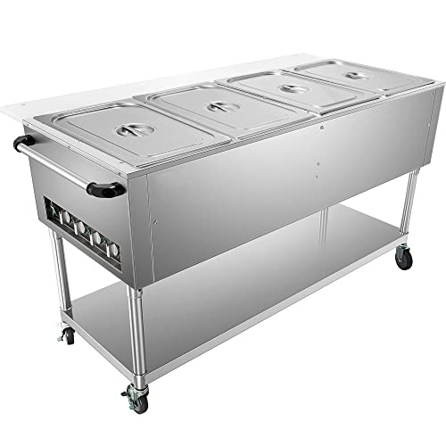 Commercial Electric Food Warmer | 4-Pot Steam Table with 2 Lockable Wheels | Food-Grade Stainless Steel | ETL Certified for Catering and Restaurants