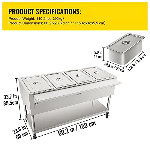 Commercial Electric Food Warmer | 4-Pot Steam Table with 2 Lockable Wheels | Food-Grade Stainless Steel | ETL Certified for Catering and Restaurants