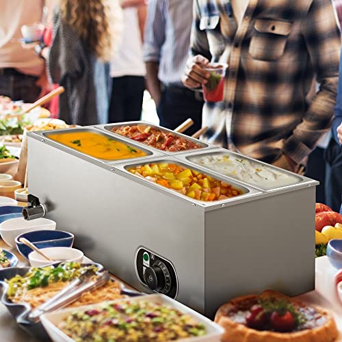 Commercial Food Warmer Bain Marie, 110V 4-Pan Stainless Steel Steam Table with 14.8 Qt Capacity and Precise Temperature Control