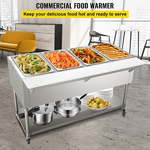 Commercial Electric Food Warmer | 4-Pot Steam Table with 2 Lockable Wheels | Food-Grade Stainless Steel | ETL Certified for Catering and Restaurants