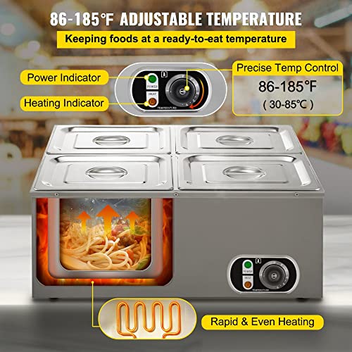 Commercial Food Warmer Bain Marie, 110V 4-Pan Stainless Steel Steam Table with 14.8 Qt Capacity and Precise Temperature Control