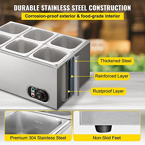 Commercial Food Warmer 6 Pan, Stainless Steel Bain Marie - 12.6 Qt Capacity, 1500W, Temperature Control, Electric Soup Warmer with Lids and Ladles
