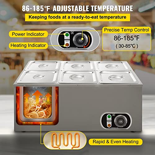 Commercial Food Warmer 6 Pan, Stainless Steel Bain Marie - 12.6 Qt Capacity, 1500W, Temperature Control, Electric Soup Warmer with Lids and Ladles