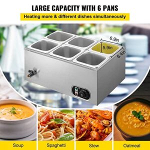 Commercial Food Warmer 6 Pan, Stainless Steel Bain Marie - 12.6 Qt Capacity, 1500W, Temperature Control, Electric Soup Warmer with Lids and Ladles