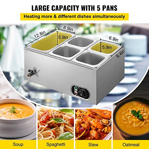 Commercial Food Warmer 110V, Stainless Steel 5-Pan Bain Marie 13.7 Quart Capacity with Lid for Catering Restaurants