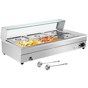 110v electric countertop food warmer - 6 pan x 1/2 gn, commercial food steam table with 6-inch deep pans, food grade stainless steel, 1500w, 66 quart capacity, tempered glass shield