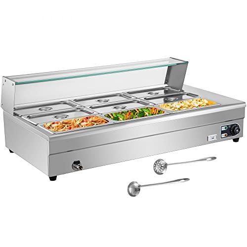 Commercial Grade 110V Electric Countertop 9 Pan x 1/3 GN Bain Marie Food Warmer with Tempered Glass Shield