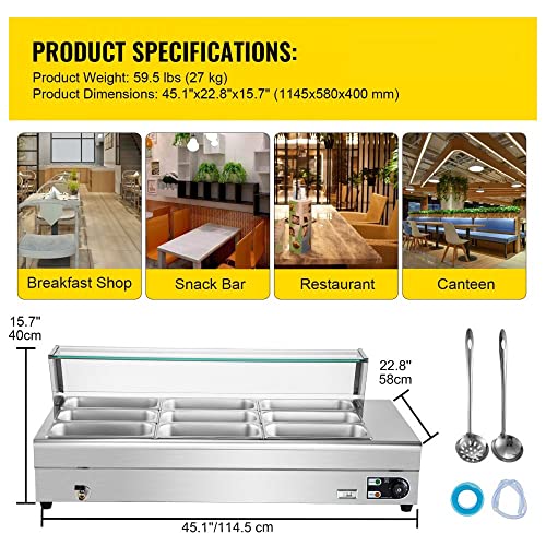 Commercial Grade 110V Electric Countertop 9 Pan x 1/3 GN Bain Marie Food Warmer with Tempered Glass Shield