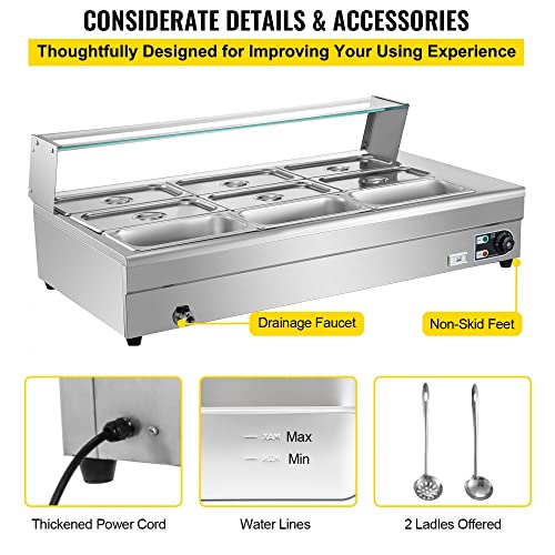 Commercial Grade 110V Electric Countertop 9 Pan x 1/3 GN Bain Marie Food Warmer with Tempered Glass Shield