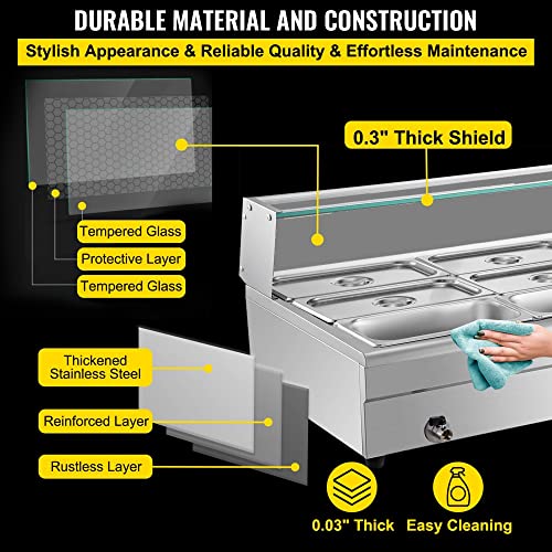 Commercial Grade 110V Electric Countertop 9 Pan x 1/3 GN Bain Marie Food Warmer with Tempered Glass Shield