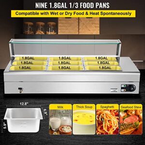 Commercial Grade 110V Electric Countertop 9 Pan x 1/3 GN Bain Marie Food Warmer with Tempered Glass Shield